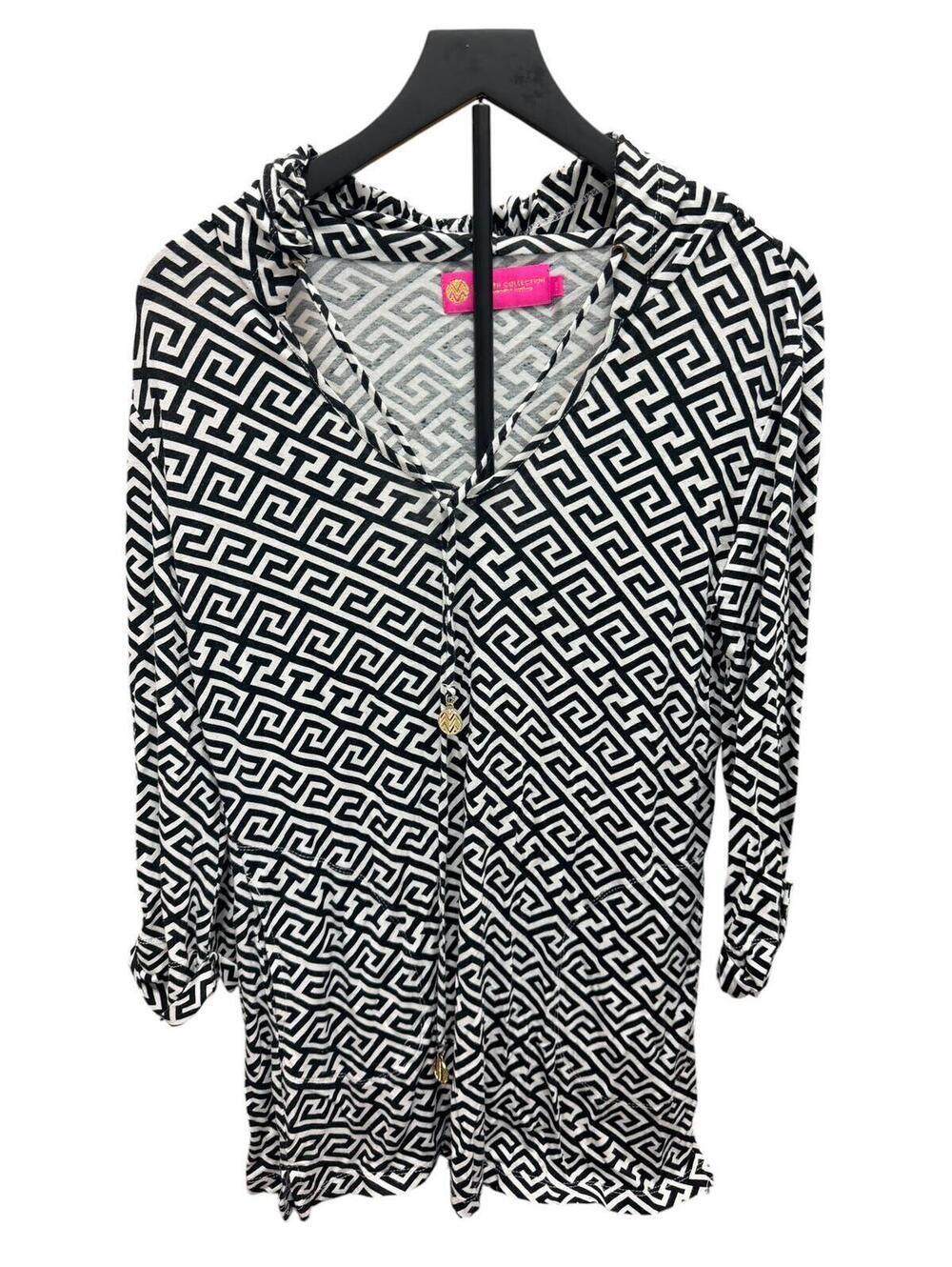 Macbeth Collection Black and White Geometric Hooded Tunic Top - Picture 2 of 6